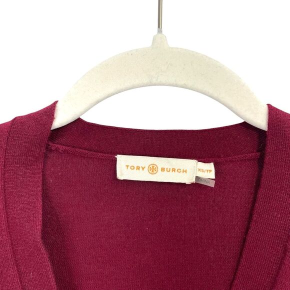 Tory Burch Madison merino wool logo button cardigan Size XS cherry maroon red - Picture 4 of 8